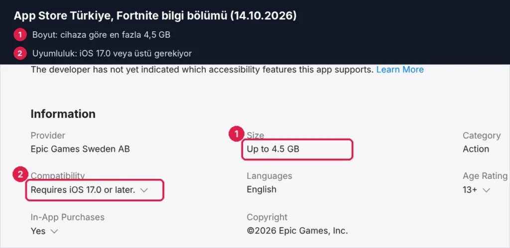 Fortnite App Store boyut bilgisi