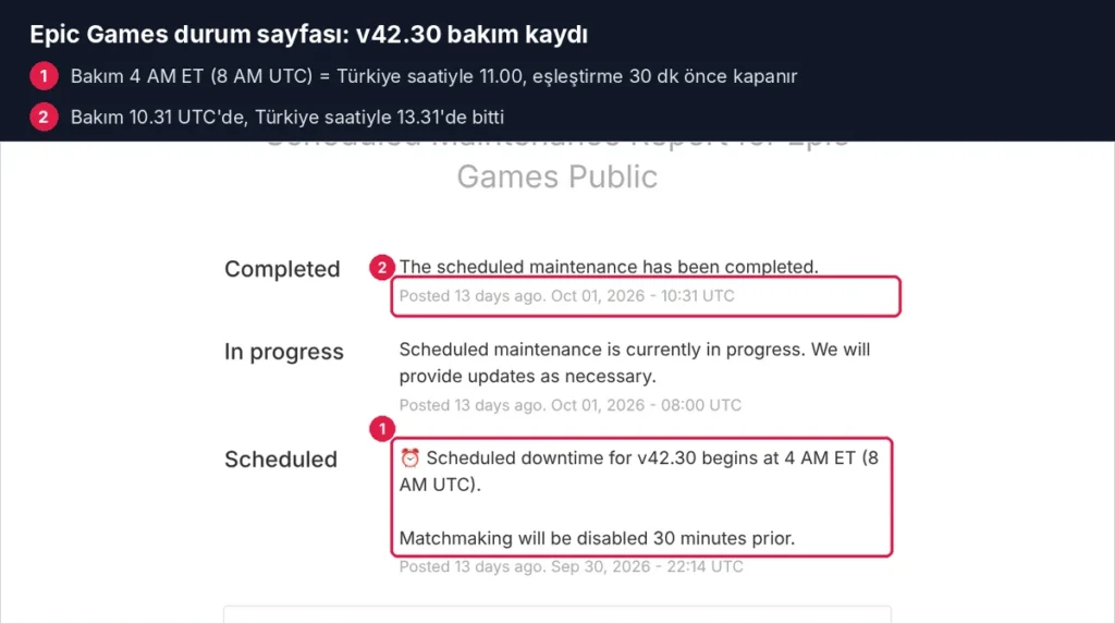 Fortnite bakım saati Epic kaydı