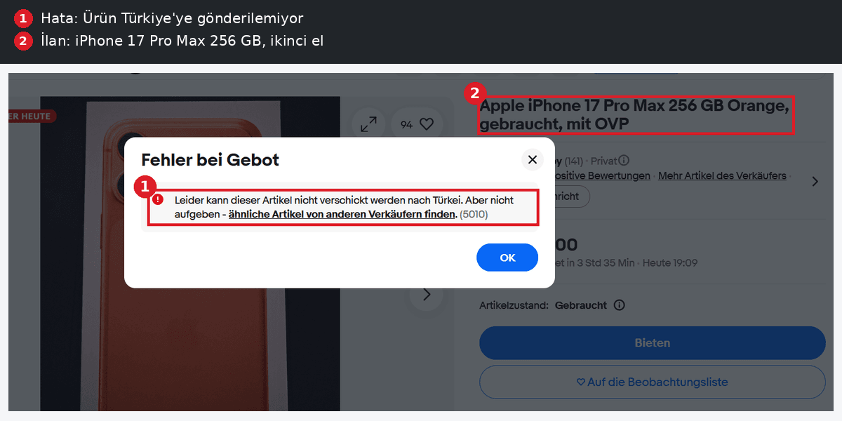 eBay.de Türkiye gönderim hatası