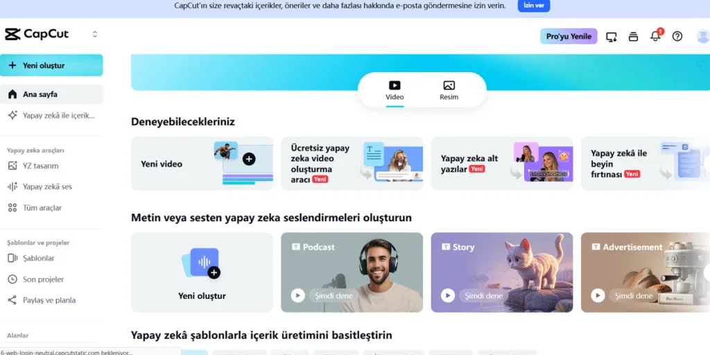 CapCut Yan menü ve Uygulamalar