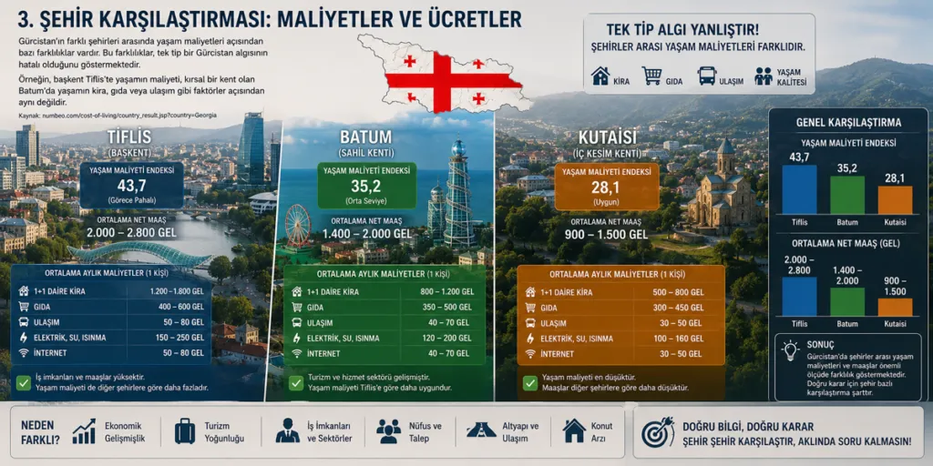 Gürcistan Asgari Ücret - Şehir Karşılaştırması: Maliyetler ve Ücretler