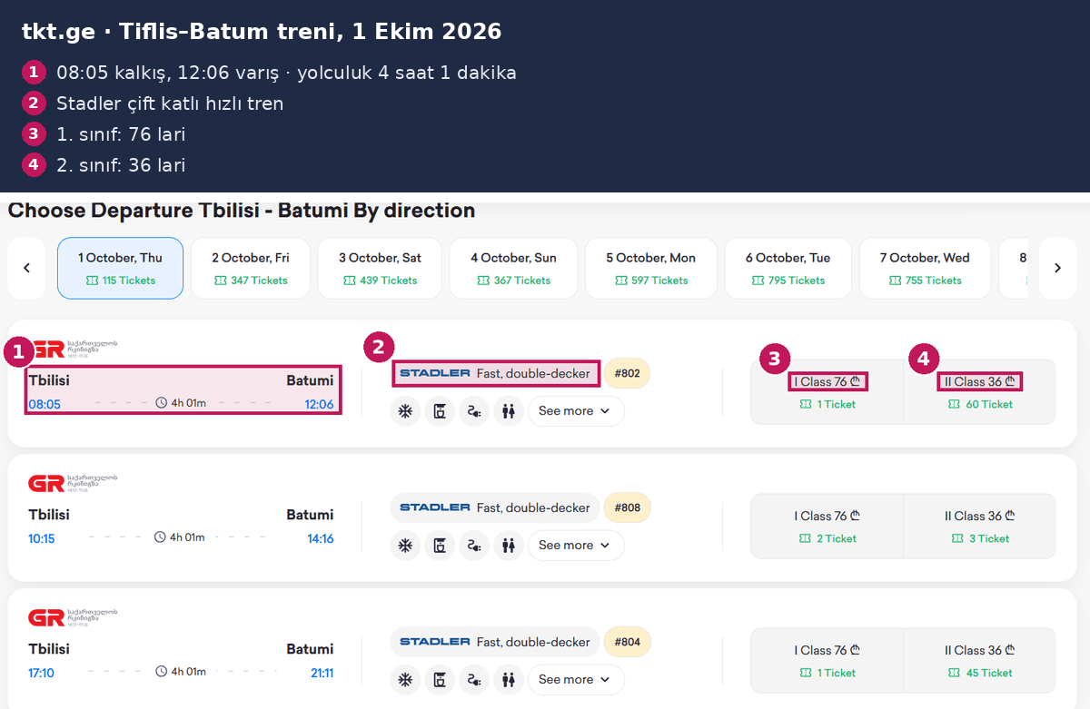 Tiflis Batum treni bilet fiyatı