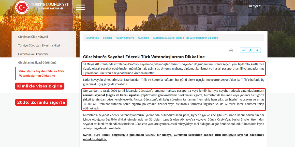 Dışişleri Bakanlığı'nın Gürcistan sayfası: kimlikle vizesiz giriş ve 1 Ocak 2026 sigorta şartı