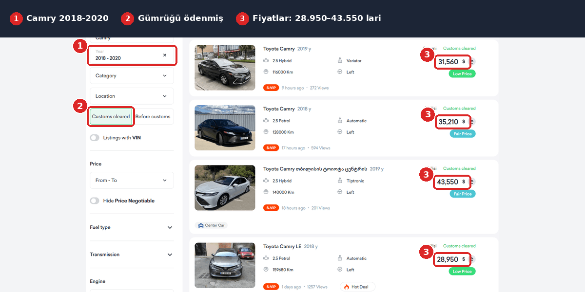 myauto Camry gümrüklü ilan fiyatları