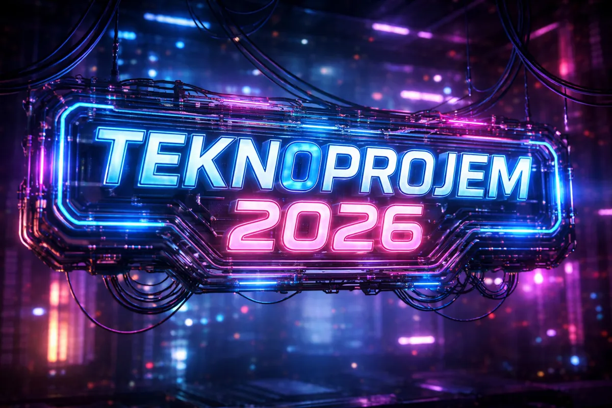 Siberpunk tarzı neon bir tabelada kusursuz bir şekilde 'TEKNOPROJEM 2026' yazısı