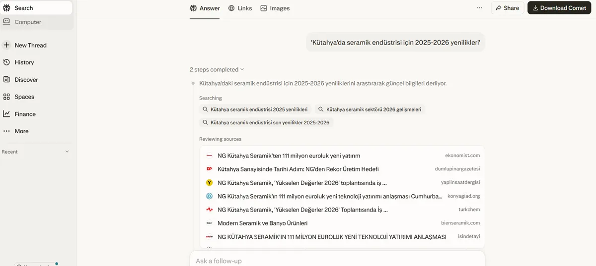 Perplexity Nasıl kullanılır - Test Adımı -Kütahya'da seramik endüstrisi için 2025-2026 yenilikleri