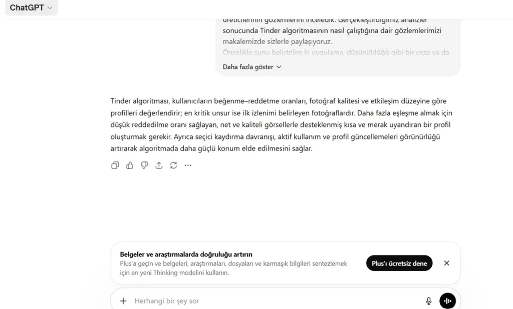 ChatGPT Ücretsiz Versiyon Denemesi