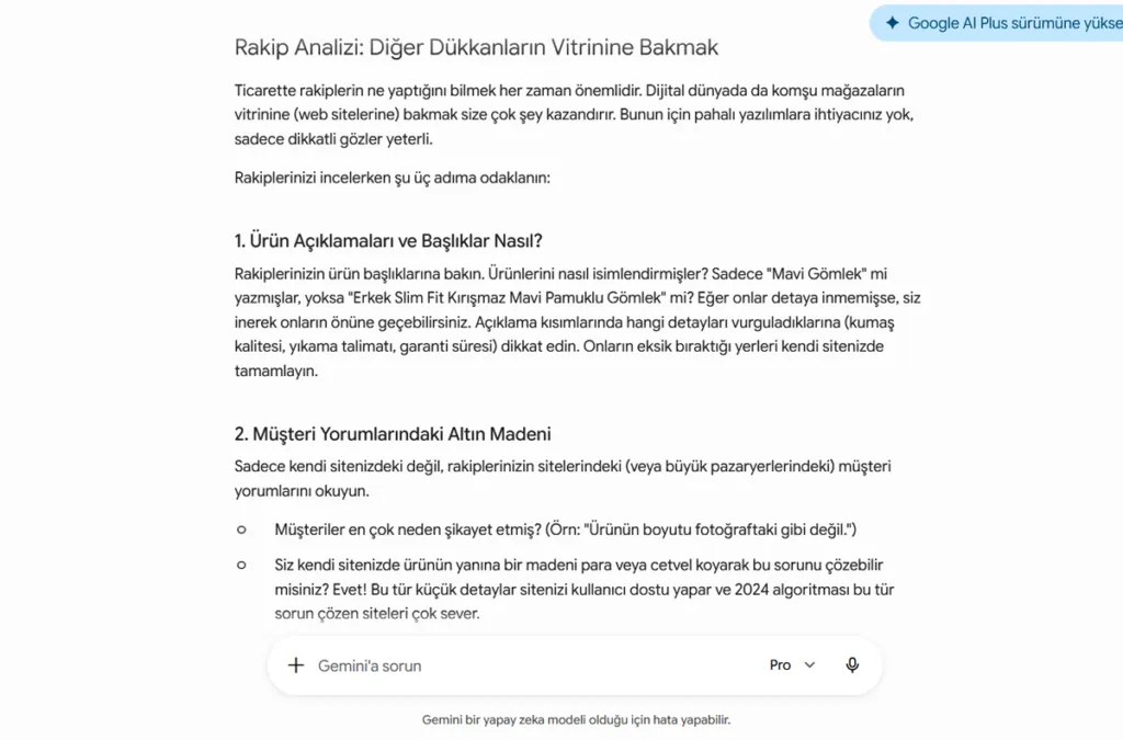 Gemini Pro - Ücretsiz Pro Standart Model - Rakip Analizi