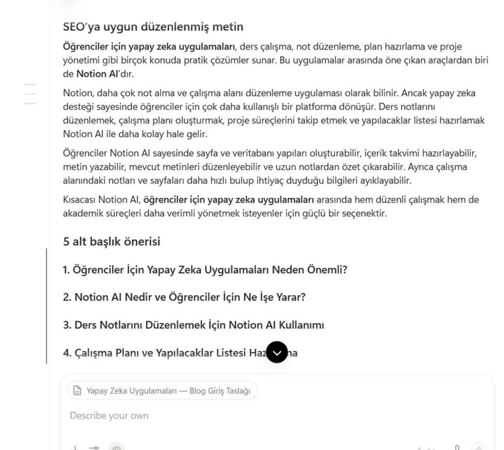 Notion Al - SEO odaklı düzenleme