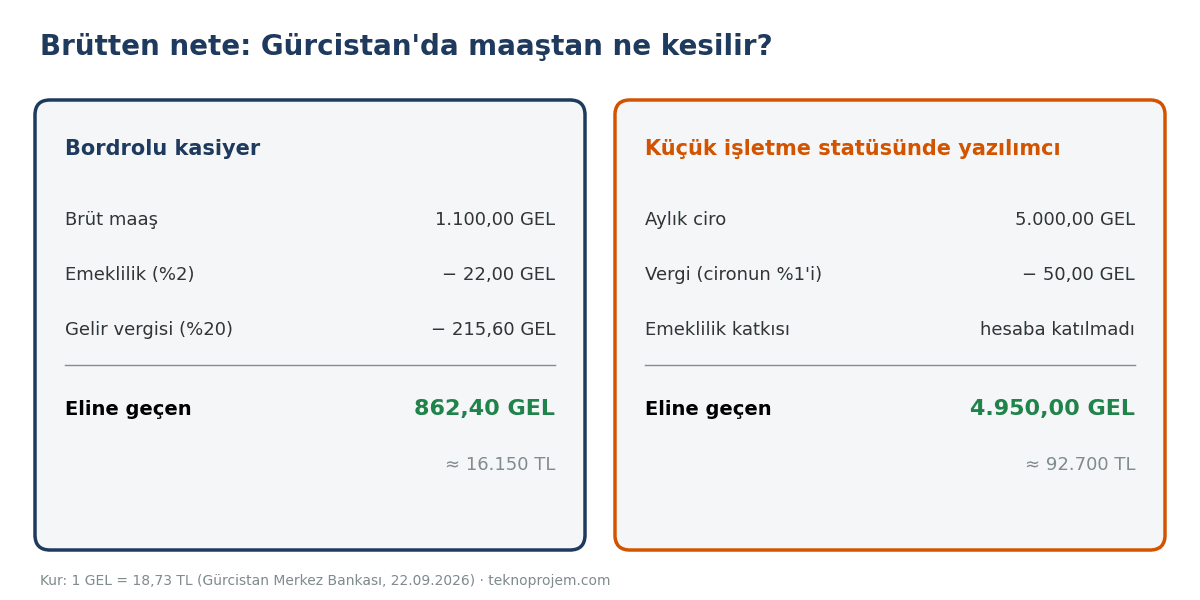 Gürcistan'da brütten nete maaş hesabı: bordrolu kasiyer ve küçük işletme statüsünde yazılımcı örneği