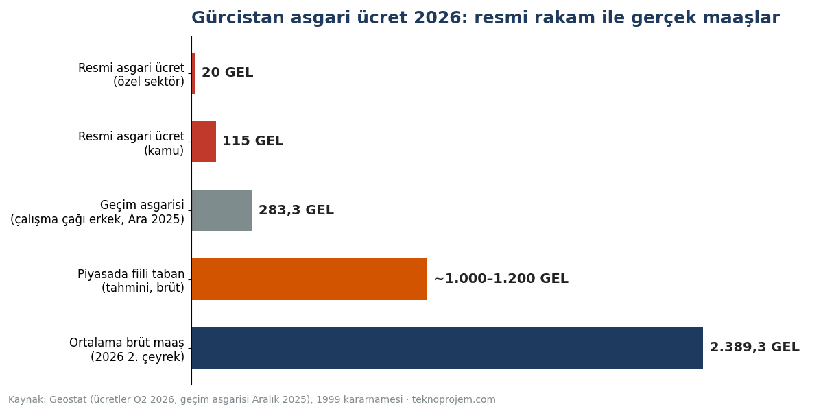 Gürcistan asgari ücret 2026: resmi 20 GEL ile gerçek maaşların karşılaştırması