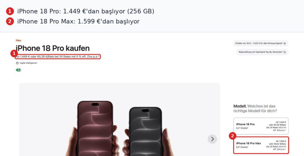 Almanya iPhone 18 Pro fiyatı