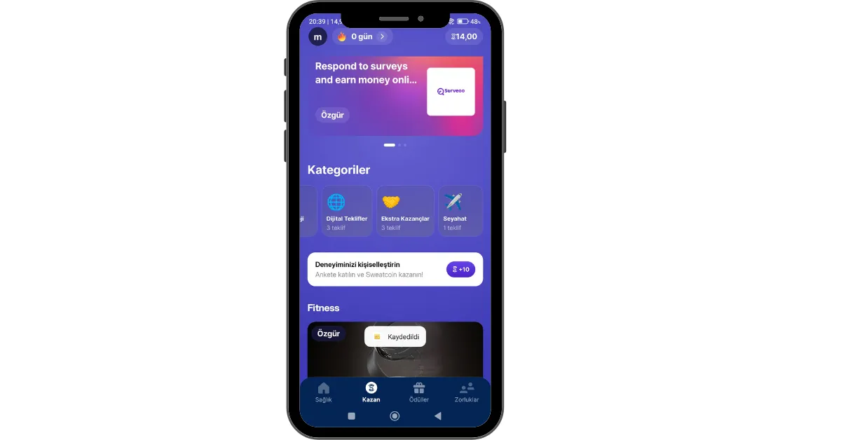Para Kazandıran Uygulamalar - Sweatcoin - Kazan Menüsü