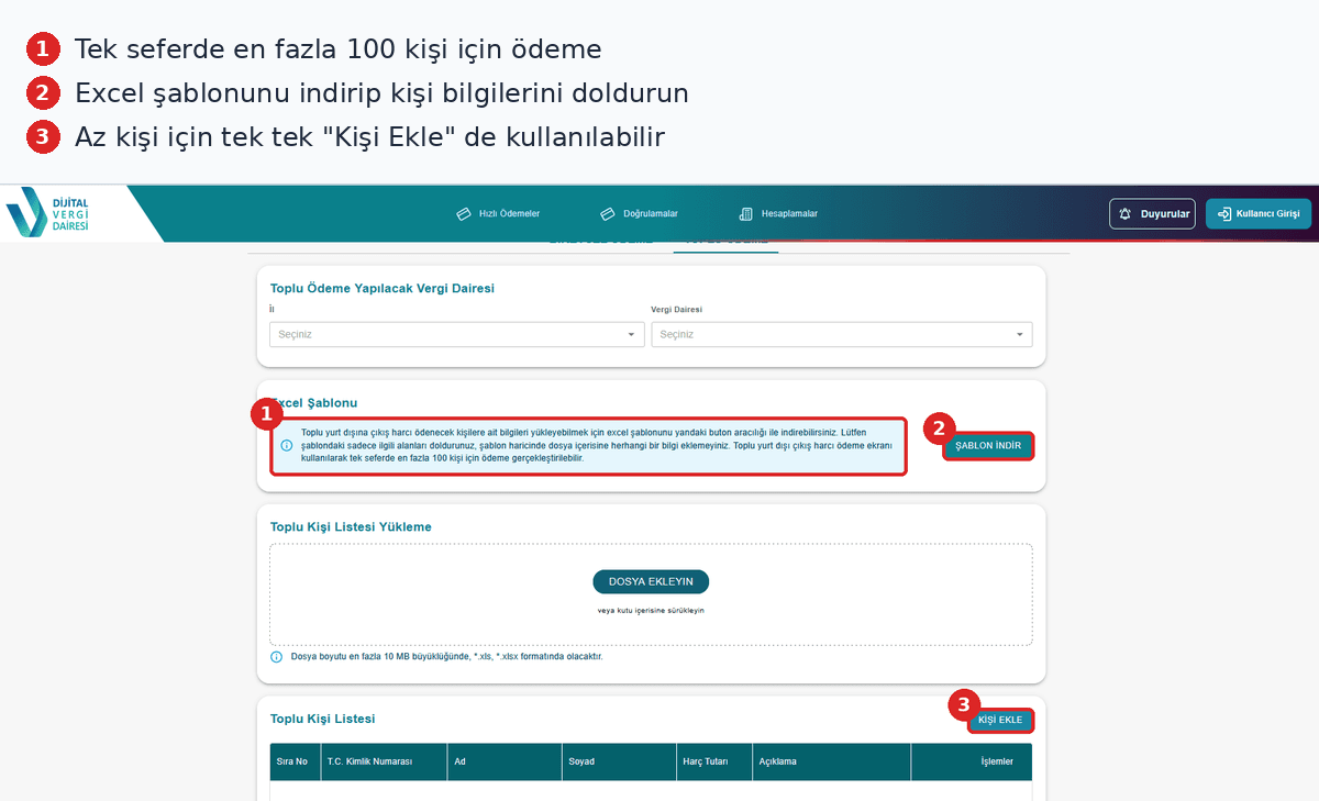 Toplu çıkış harcı ödeme ekranı