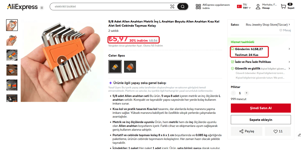 AliExpress ürün ve kargo fiyatı