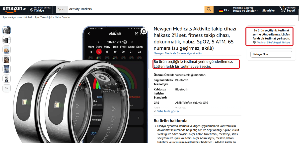 Amazon.de Türkiye gönderim uyarısı