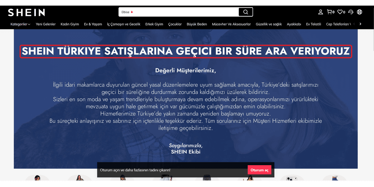 Shein Türkiye satış durdurma duyurusu