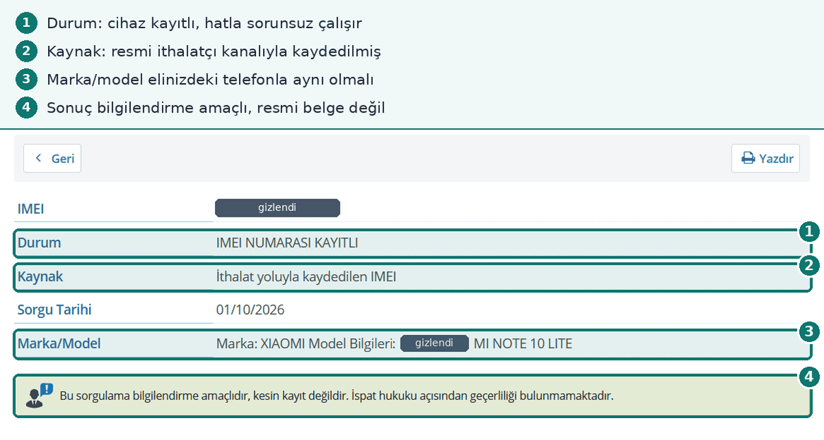 Kayıtlı telefonun IMEI sorgulama sonucu