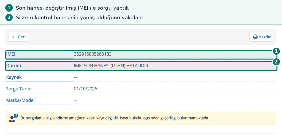 IMEI son hanesi Luhn hatası